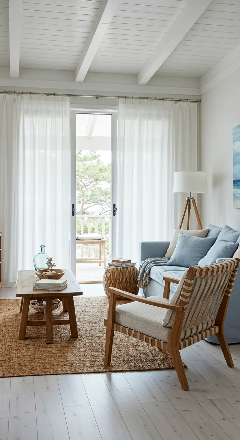 A coastal-inspired living room with sheer curtains and a wood chair with woven straps.