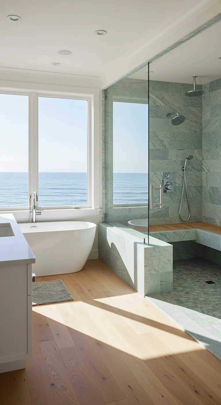 Light-filled bathroom with a green marble shower and a large window with an ocean view.