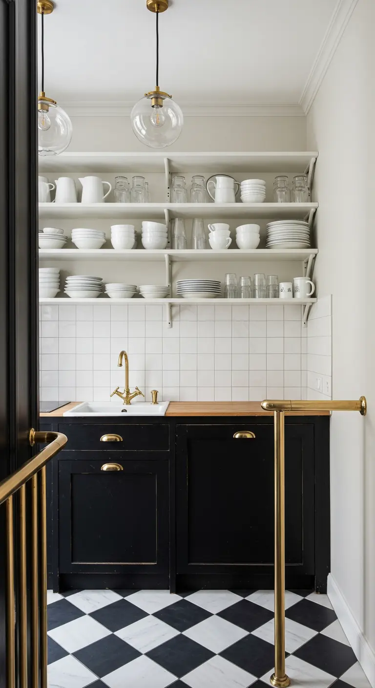 A small, chic kitchen with black cabinets, brass hardware, and a checkerboard floor.