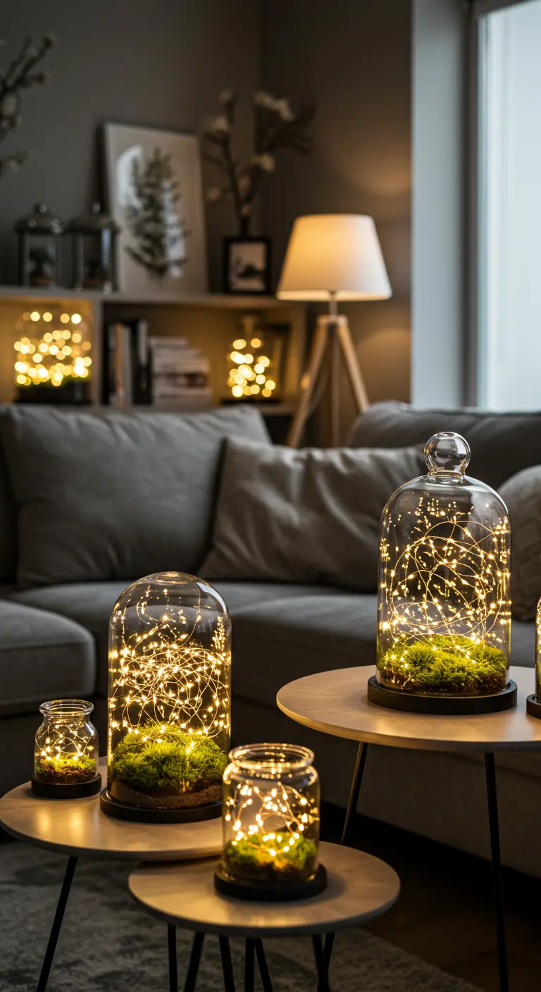 Glass bell jars and mason jars filled with fairy lights and moss on a coffee table.