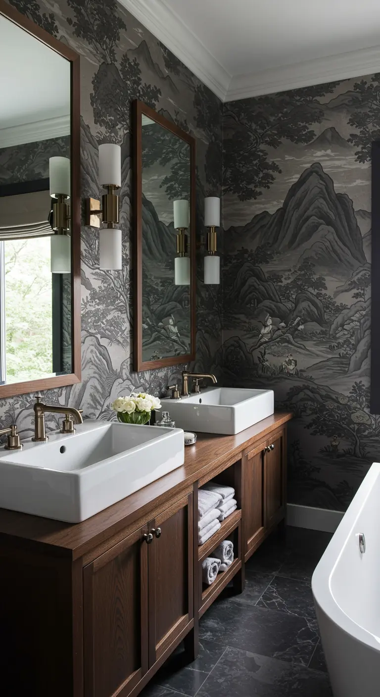 Monochrome bathroom with a gray mountain landscape mural and dark wood vanity.