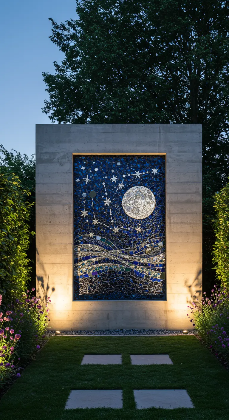 A mosaic wall panel depicting a starry night sky with a moon, lit up at night.