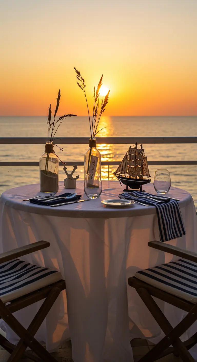 Romantic table for two with a striped napkin, overlooking a golden sunset on the ocean.