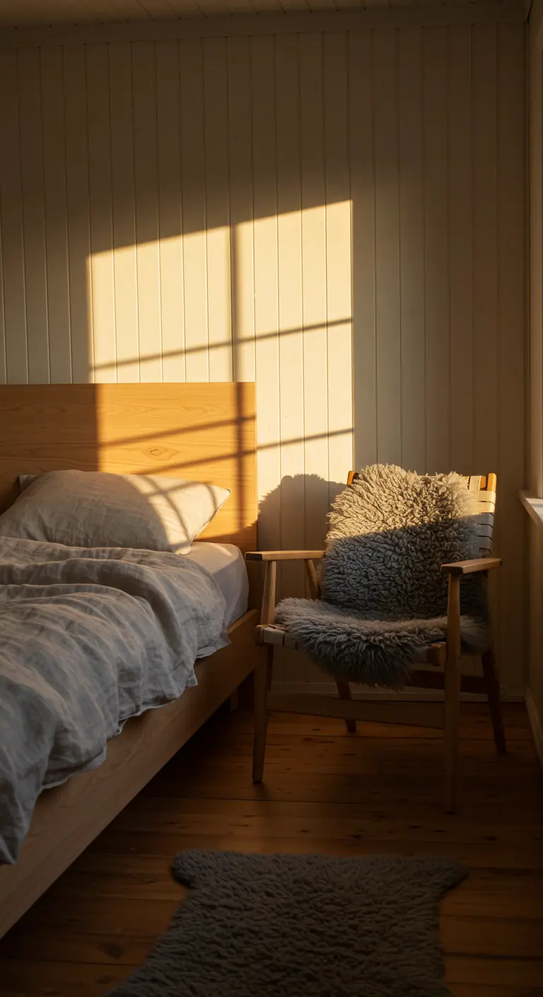 A wooden chair with a sheepskin throw in a sunlit corner of a bedroom.