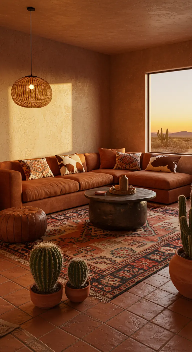 Terracotta-colored sectional in a room with sandy walls and a large Persian-style rug.