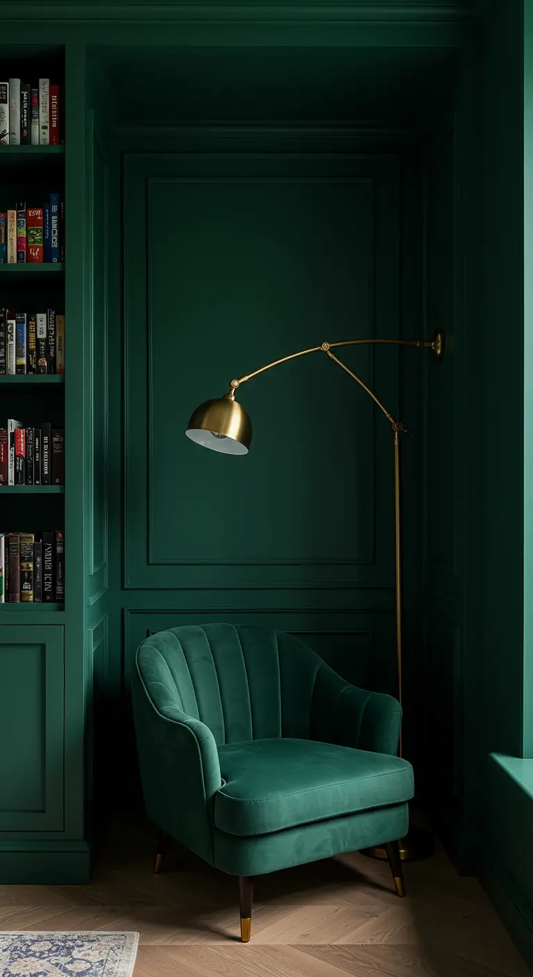 A reading nook with floor-to-ceiling emerald green bookshelves and a matching velvet armchair.