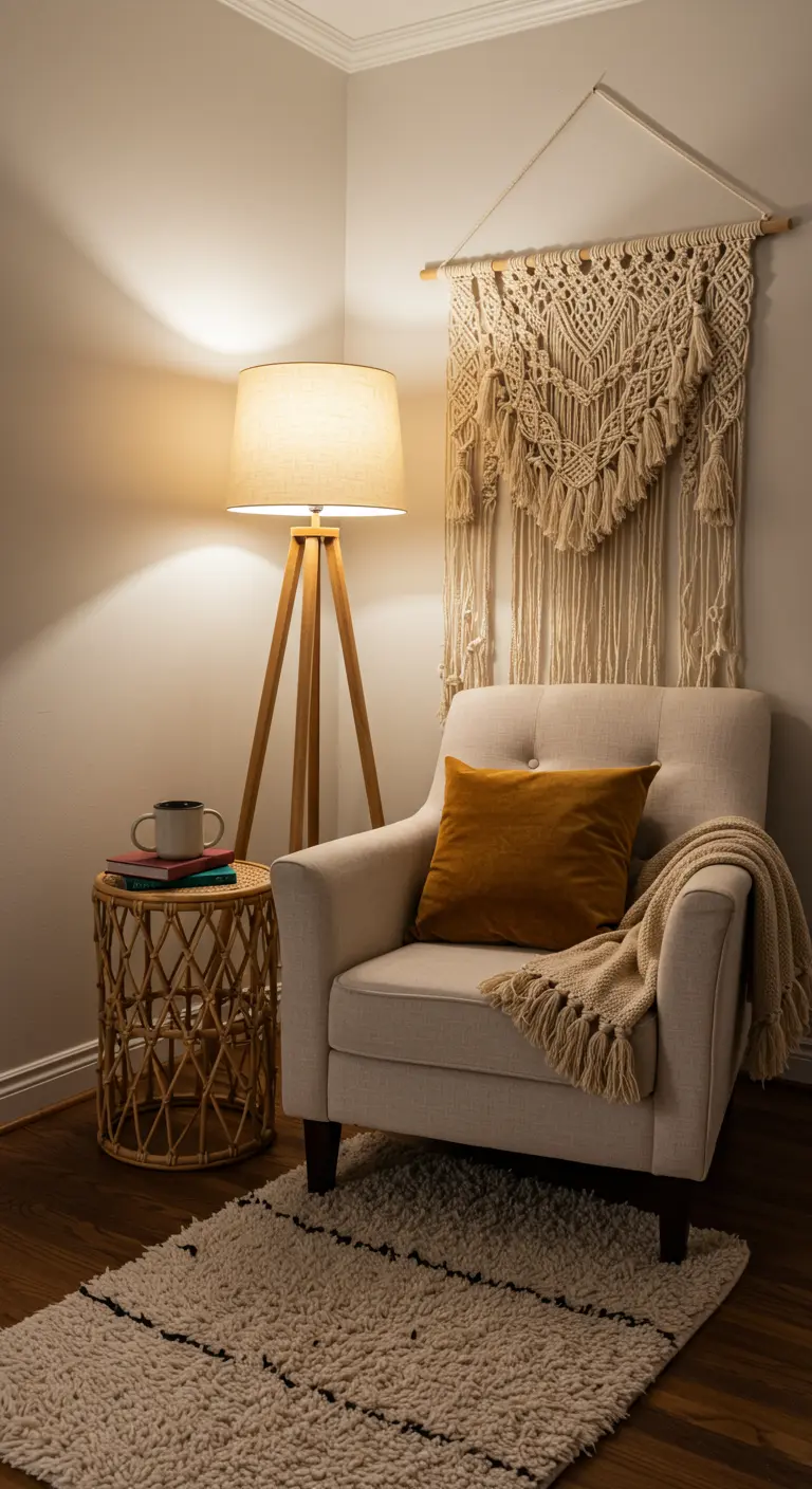 Cozy reading nook with a beige armchair, macrame wall hanging, and a tripod floor lamp.
