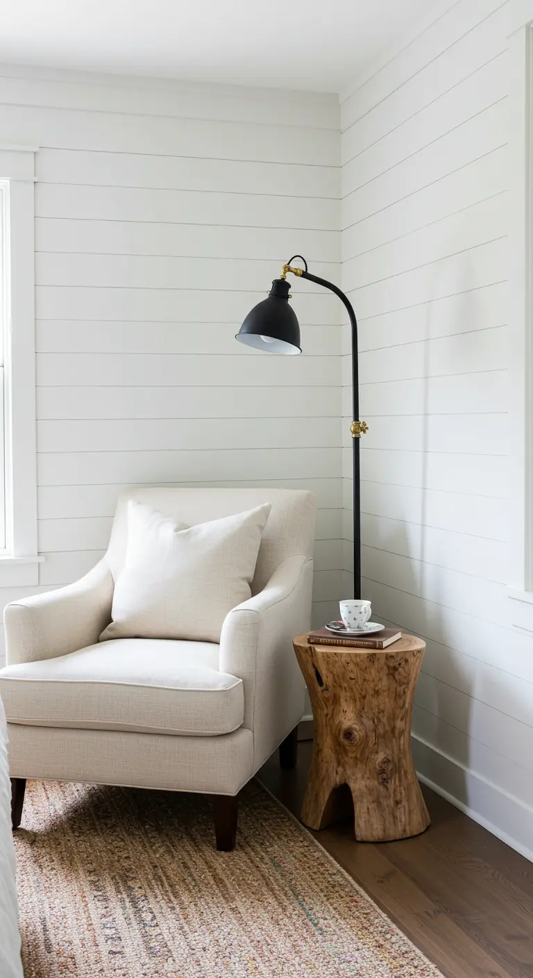 Cozy reading corner with a beige armchair, a tree stump side table, and a black floor lamp.