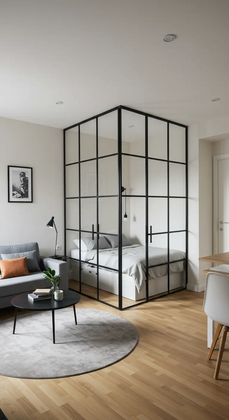 A corner bedroom in a studio is enclosed by black-framed glass walls and a door.