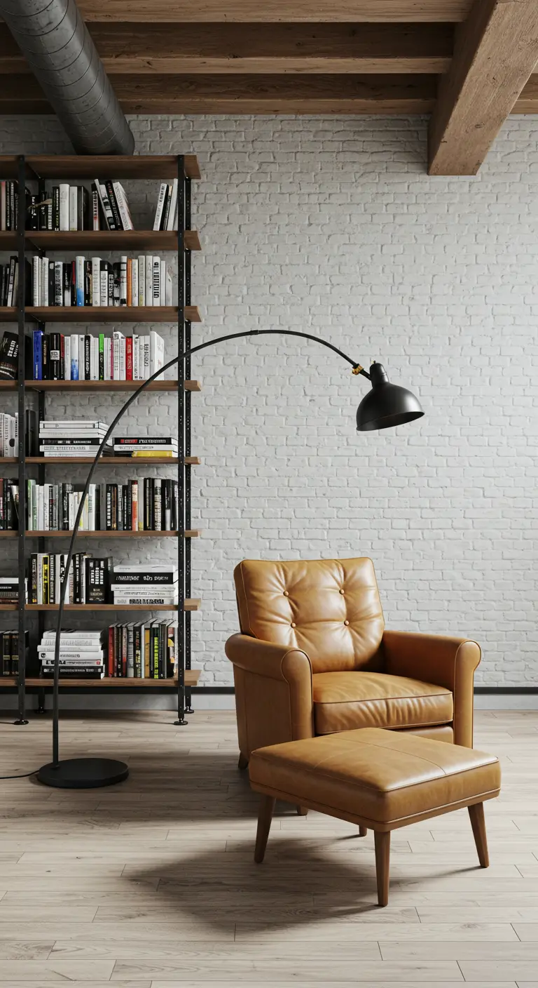 Reading nook with a leather armchair, ottoman, and a large black arc lamp.