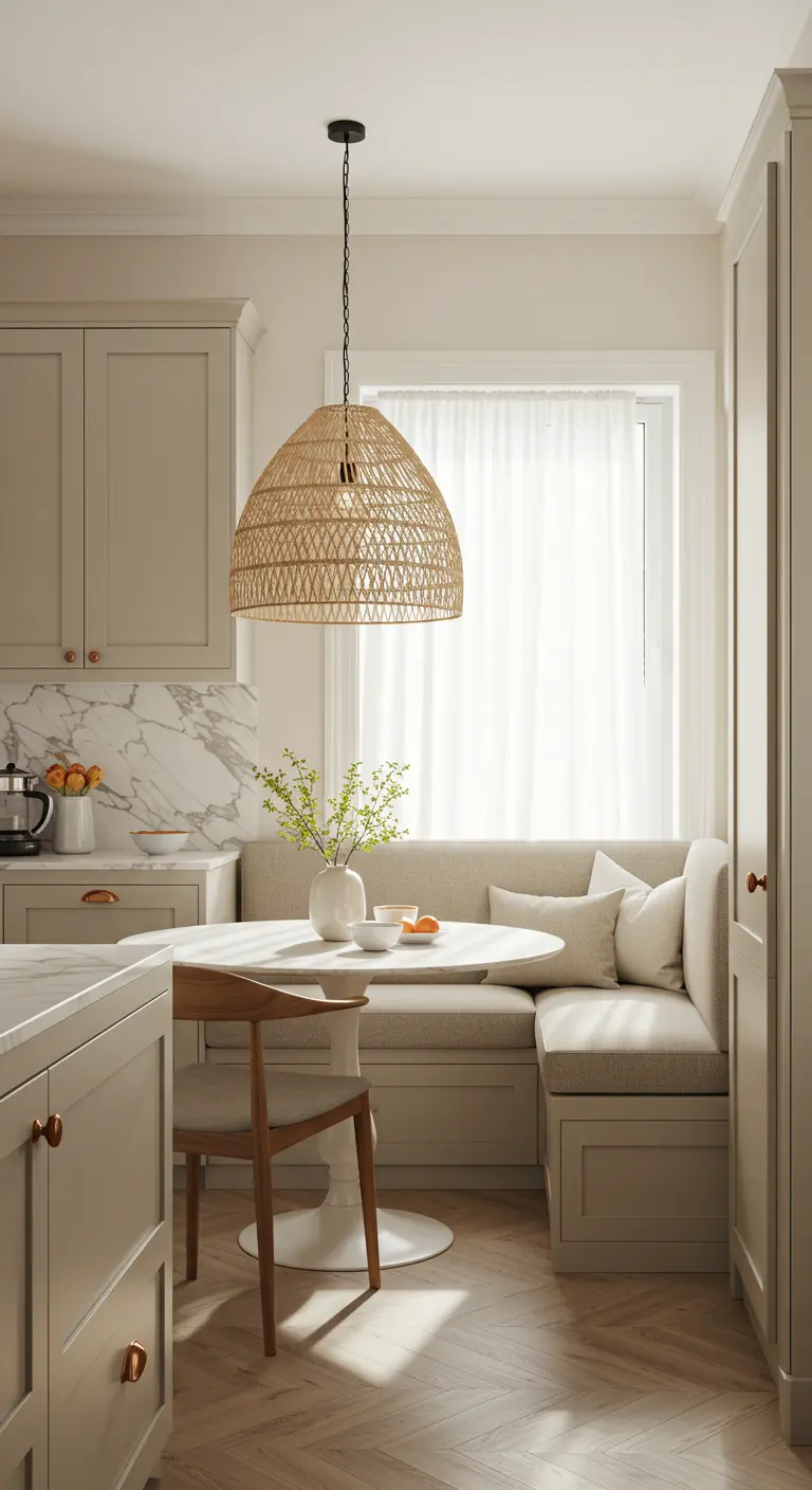 Bright kitchen breakfast nook with a built-in greige banquette.