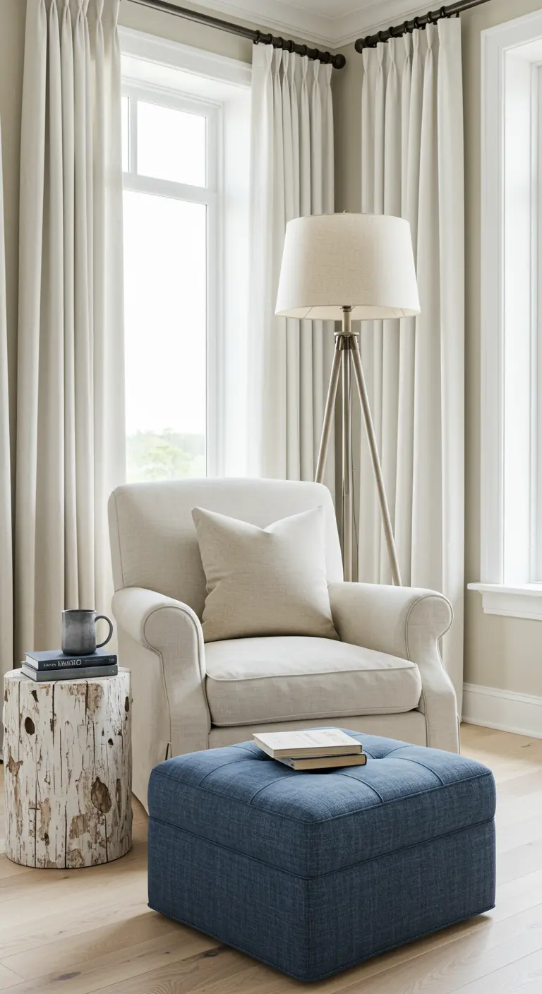 Reading corner with a beige armchair, blue ottoman, and a side table made from a birch log.