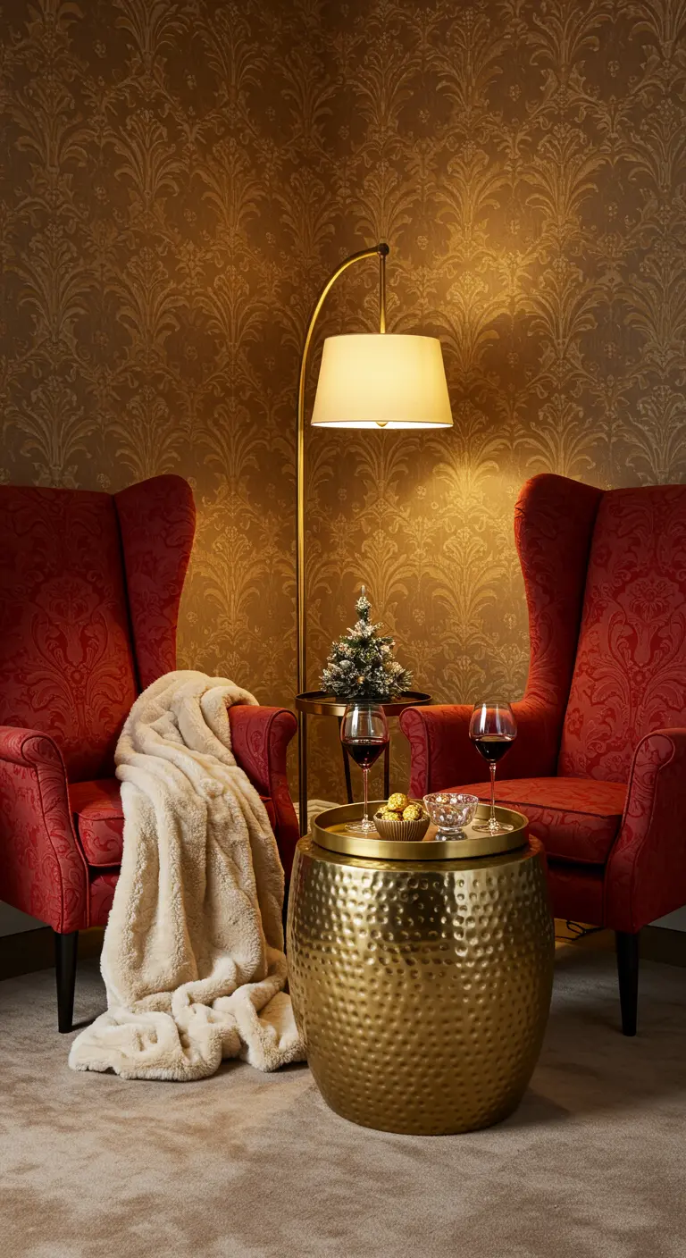 Two red wingback chairs with a gold hammered table and a glass of wine.