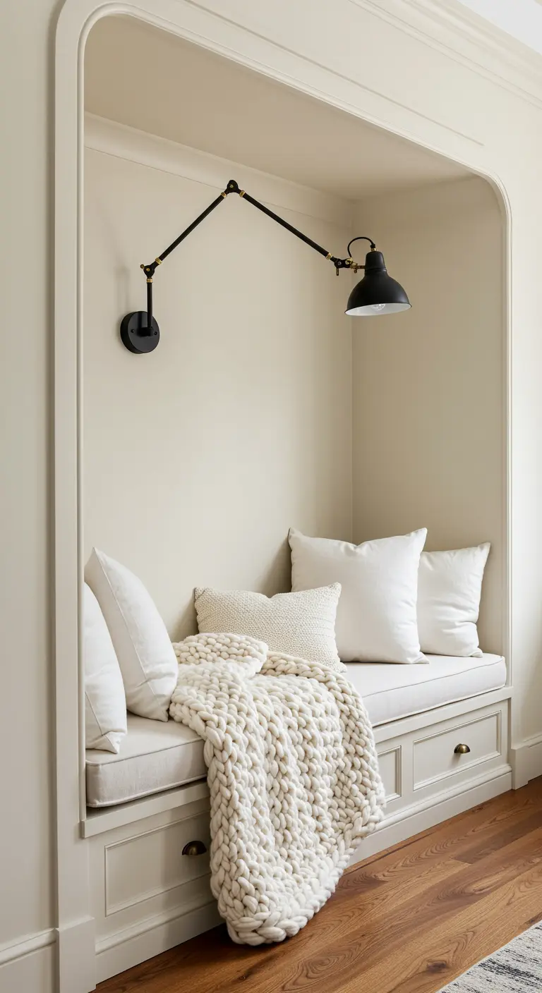 A cozy white reading nook with a cushioned bench, chunky knit blanket, and a black wall lamp.