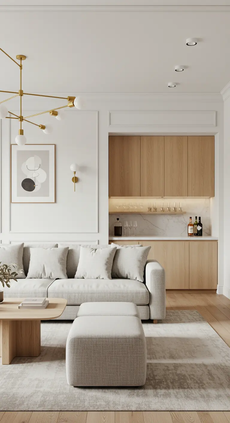 A living room with a built-in dry bar nook featuring light oak cabinets and a marble backsplash.