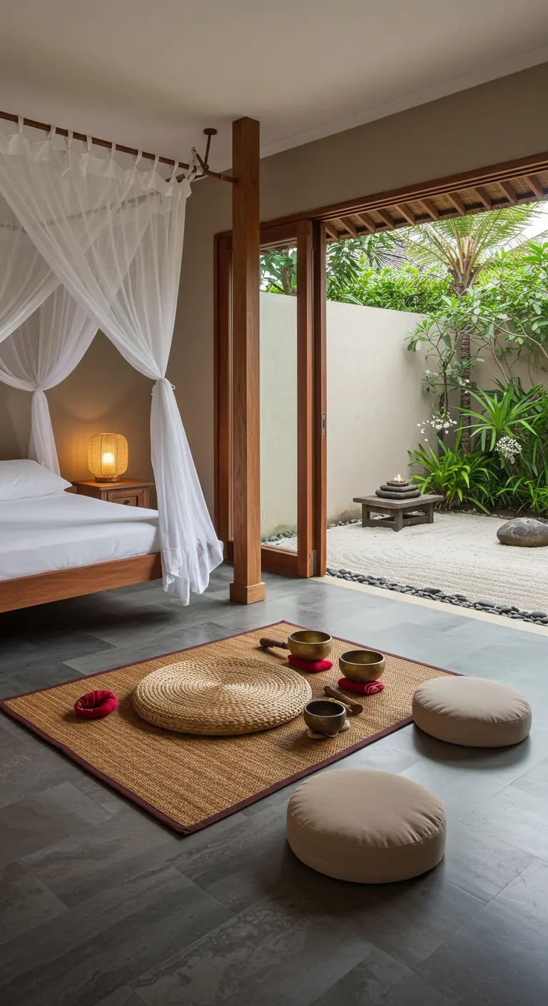 Meditation corner with a woven mat and floor cushions by an open door.