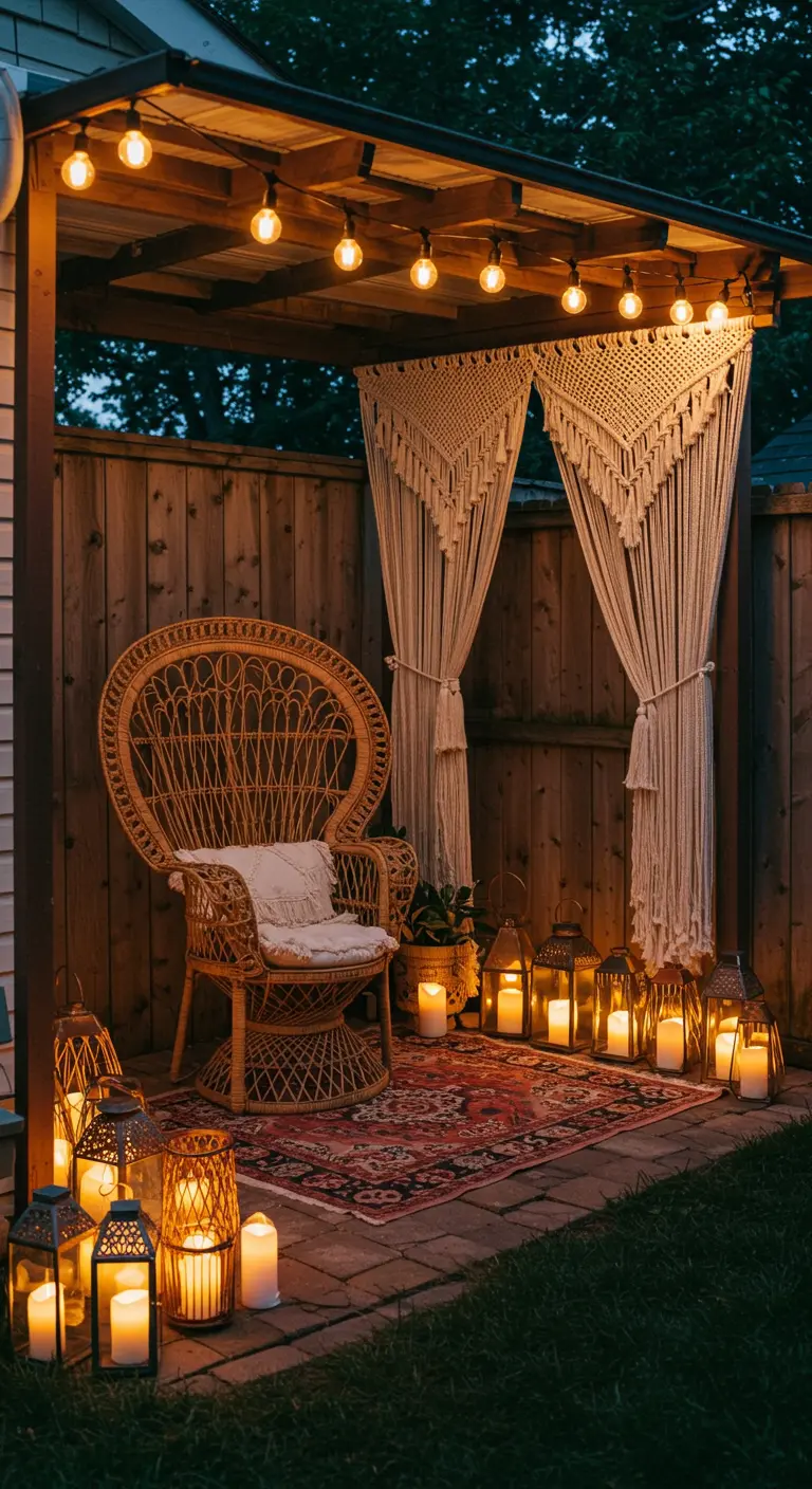 Cozy backyard corner with a peacock chair, macramé curtains, and dozens of lanterns with LED candles.