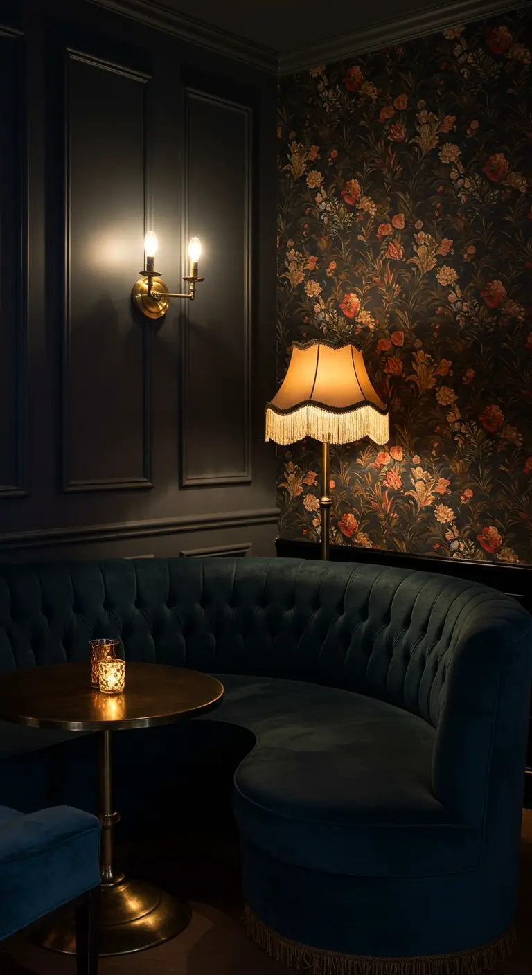 A dark, moody corner with a deep green curved banquette, floral wallpaper, and a fringed lamp.