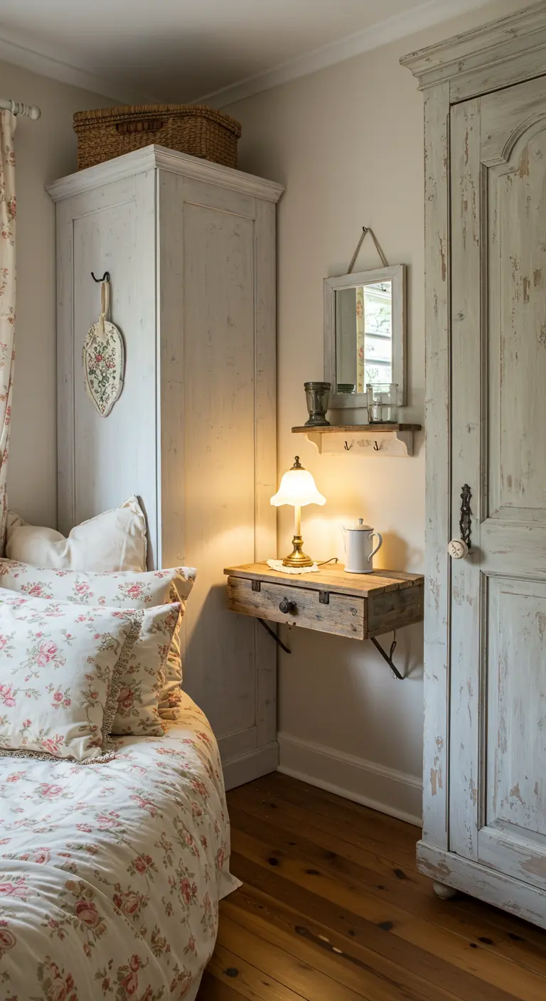 A small, wall-mounted wooden drawer serves as a nightstand in a cozy bedroom corner.