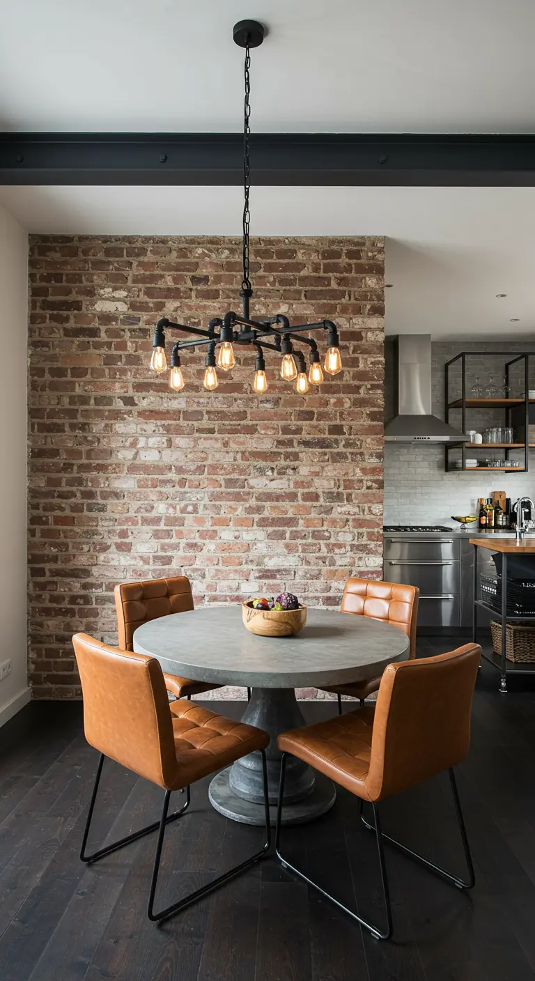 Dining nook with a brick accent wall, round concrete table, and leather chairs.