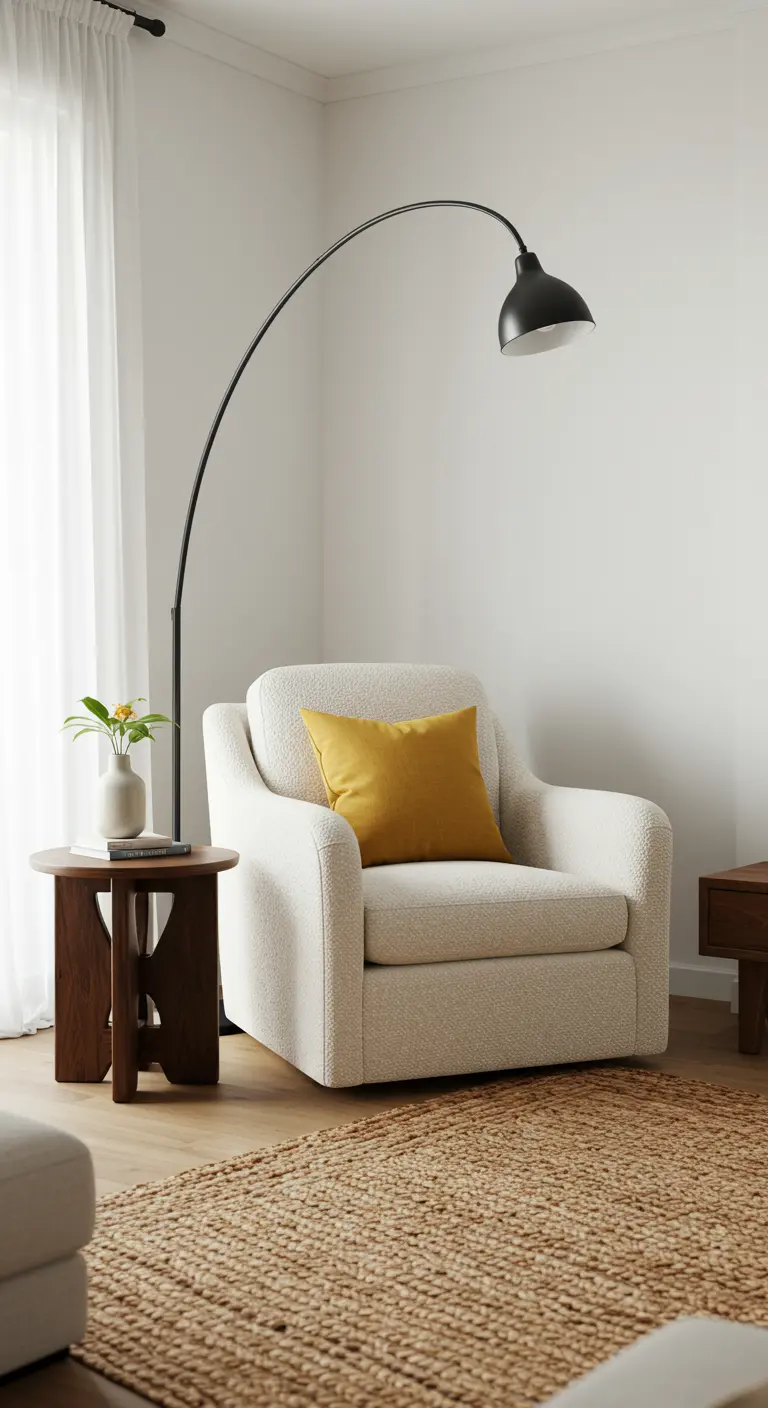 Cozy bouclé armchair with a mustard pillow and an arc lamp in a reading corner.