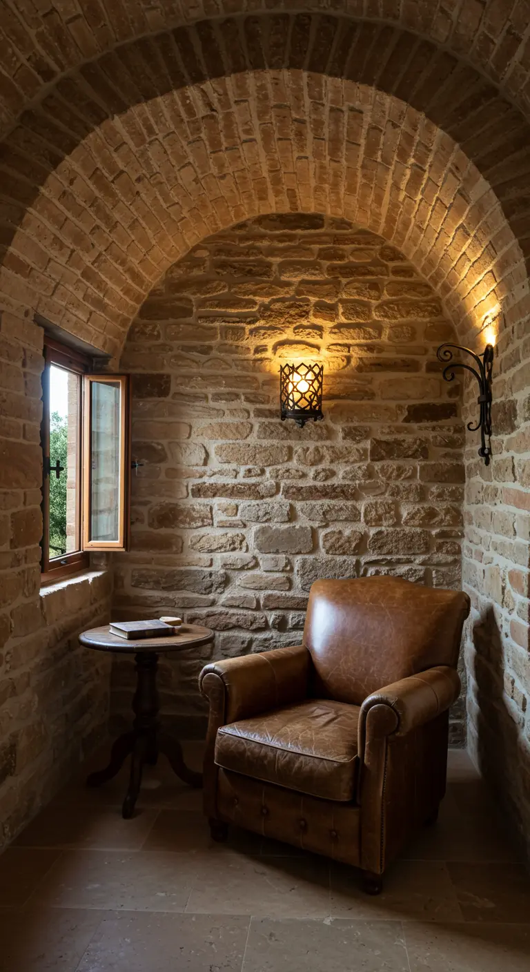 A leather armchair in a stone alcove with a small table and a sconce.