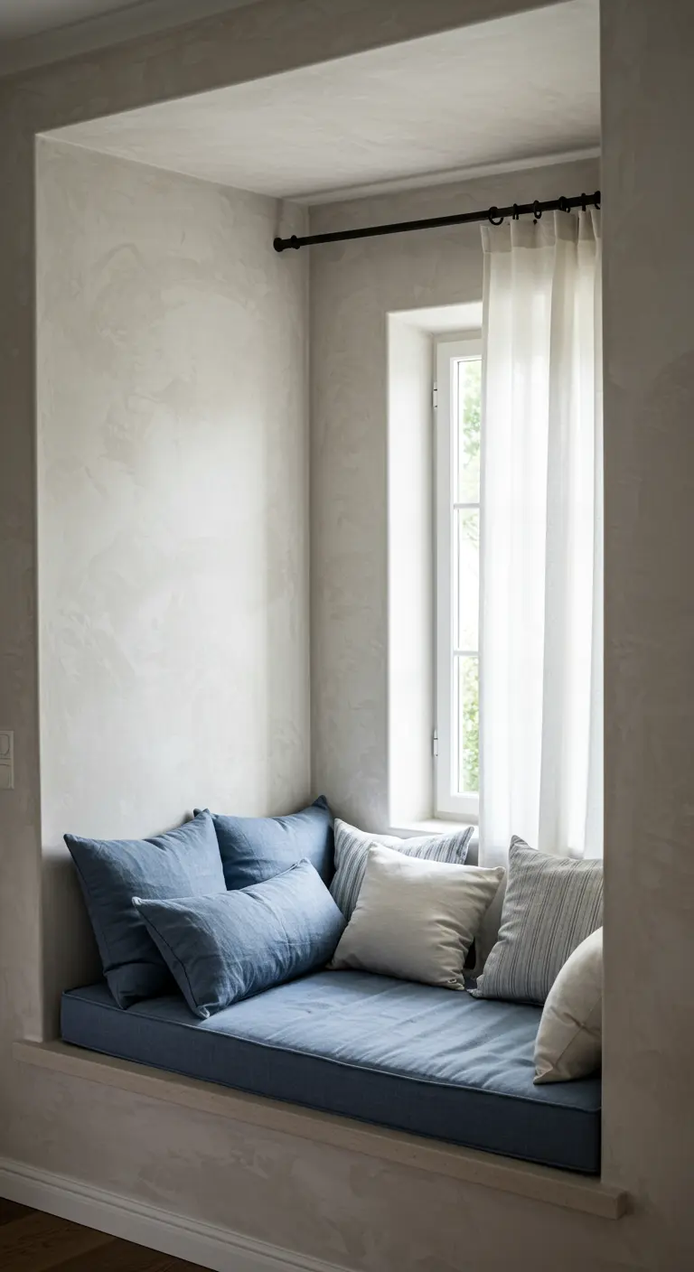 Built-in window seat nook with deep blue cushions and plaster walls.