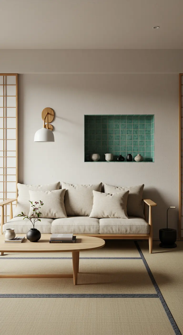A serene living room with a tiled green wall niche displaying minimalist pottery.