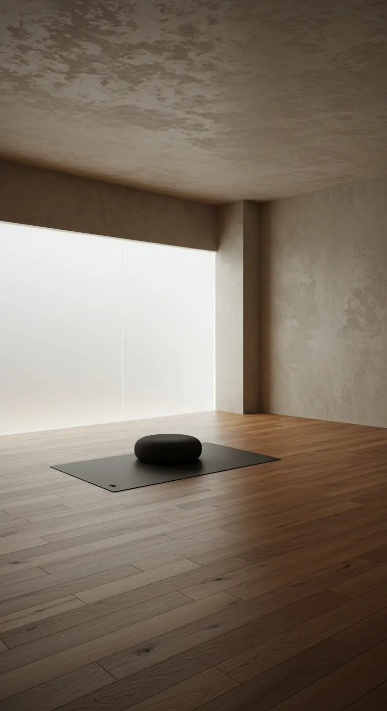 A quiet, empty room with wood floors and textured walls, containing only a yoga mat and cushion.