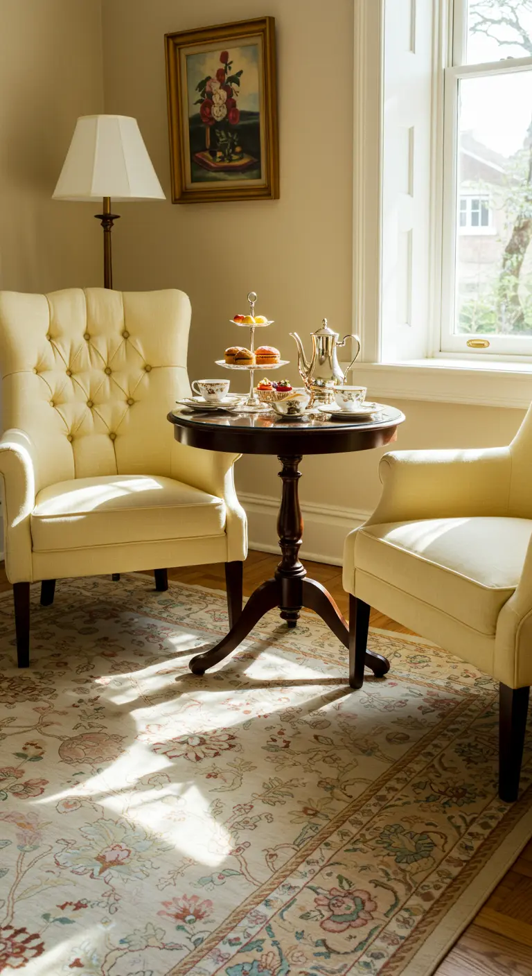 Two pale yellow tufted wingback chairs around a tea table in a sunny corner.