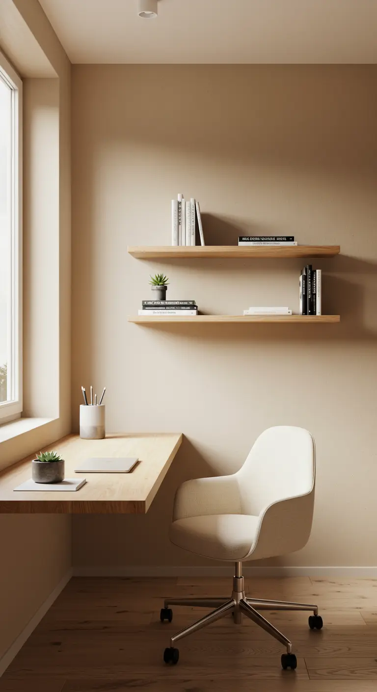 A minimalist home office nook with a floating wooden desk and two shelves on a beige wall.