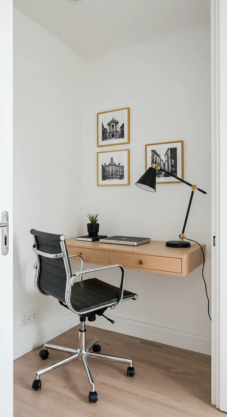 A compact home office nook with a light wood floating desk and a black and gold lamp.