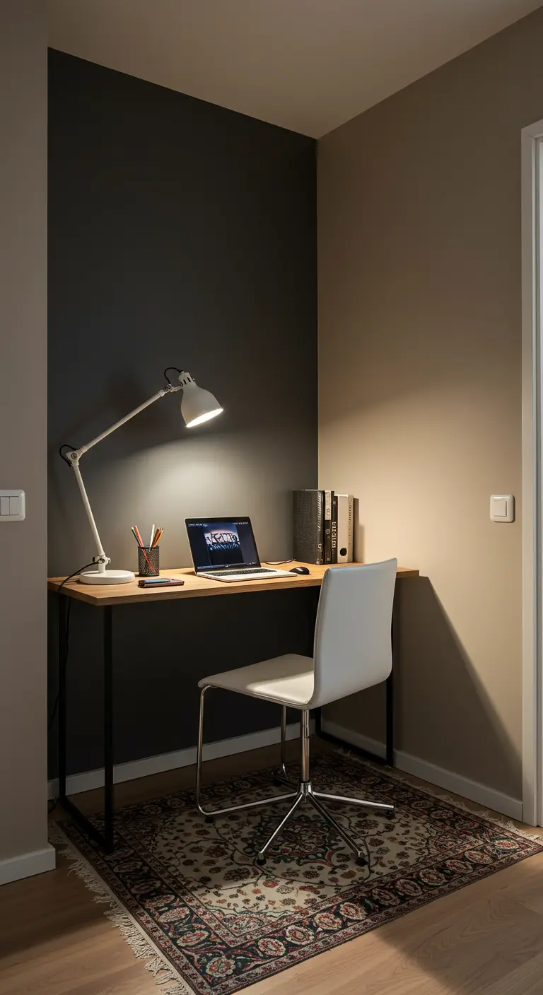 A home office nook with a dark gray accent wall, a desk, and a patterned rug.