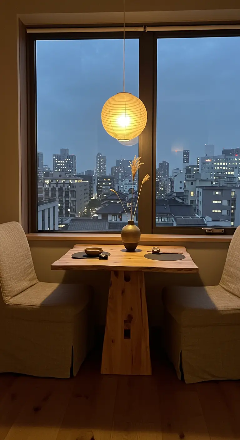 Cozy dining nook for two with a paper lantern and a city view at dusk.