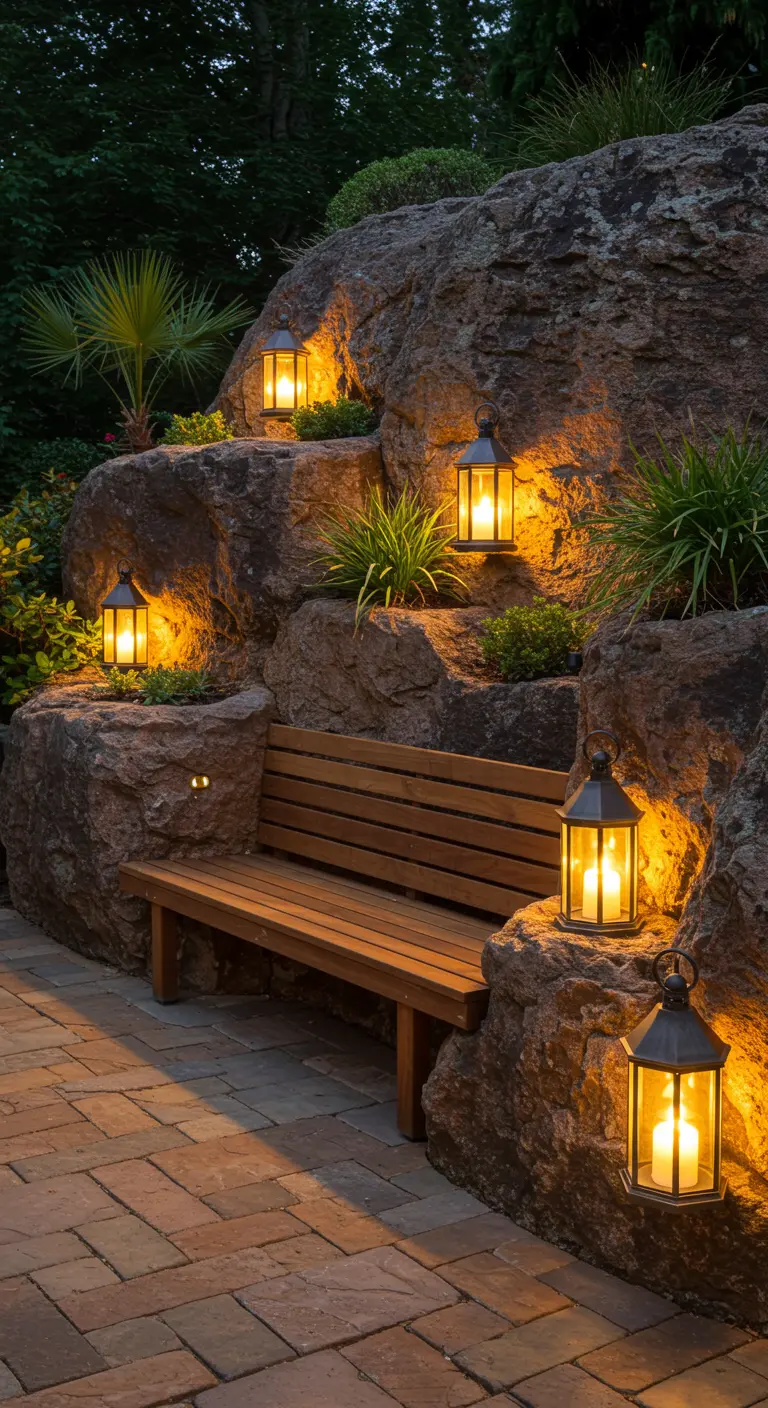 A wooden bench set into a large rock wall, illuminated by several rustic lanterns.