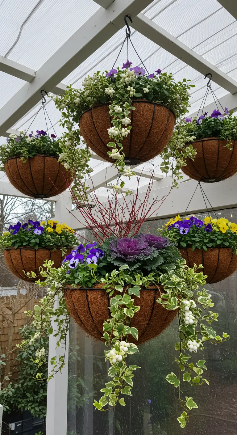 A large hanging basket with kale surrounded by smaller baskets with pansies.