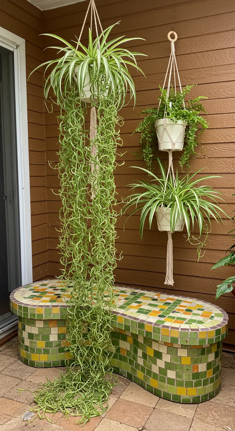 A long, trailing plant hangs dramatically beside a cheerful mosaic bench.