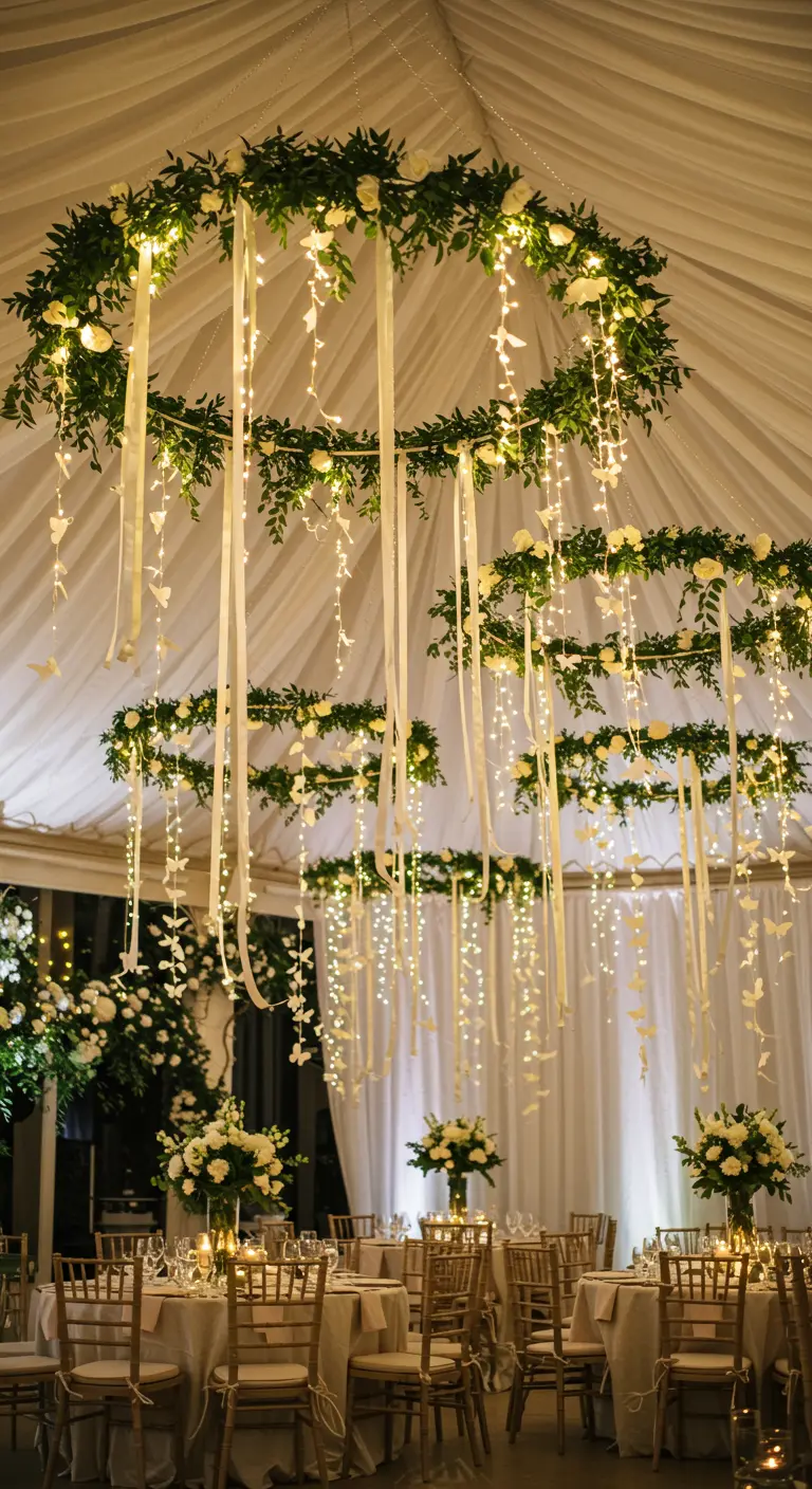 Greenery chandeliers with fairy lights and long trailing ribbons in a white tent.