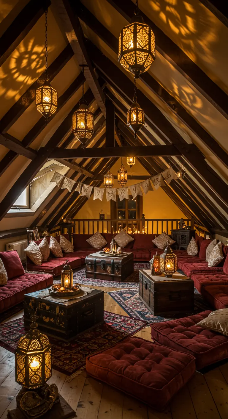 An attic lounge with vaulted ceilings, red floor sofas, and hanging Moroccan lanterns.