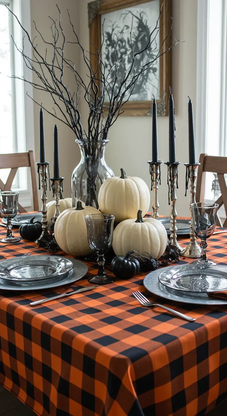 Halloween table with an orange-and-black check tablecloth and a white pumpkin centerpiece.