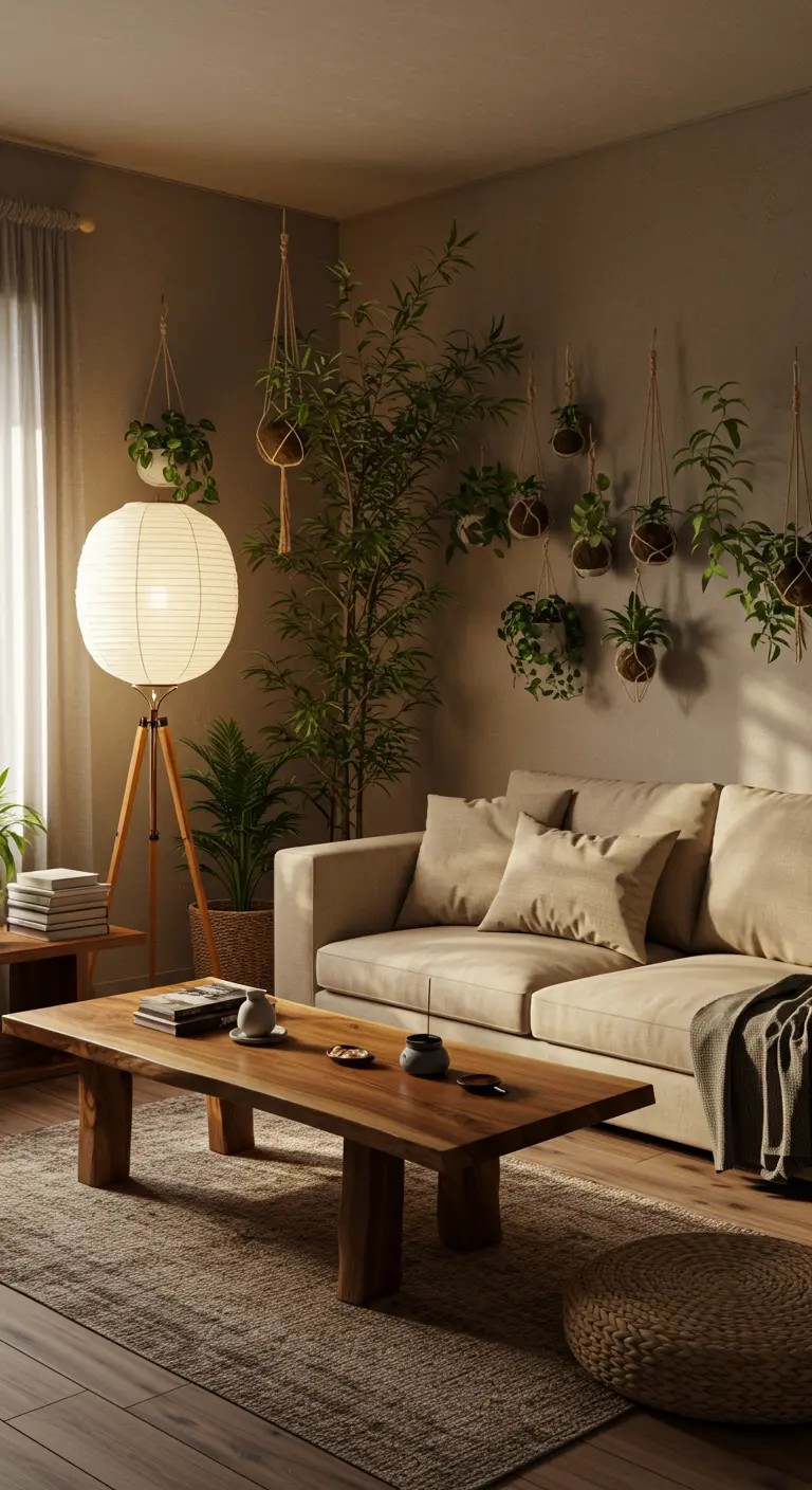 Cozy Japandi living room with a large paper floor lamp and plants hanging in macrame holders.