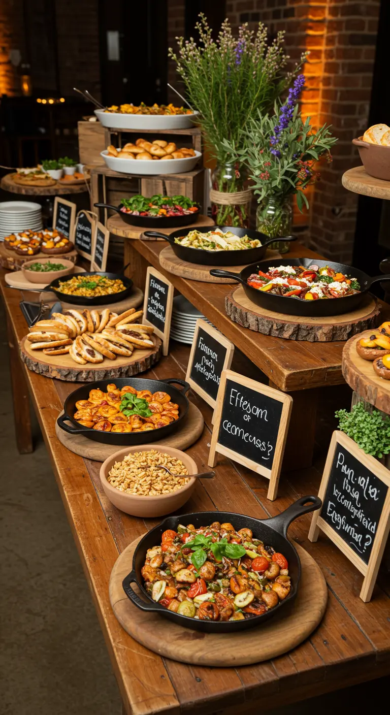 A rustic buffet with food served in cast iron skillets on wooden platters with chalkboard labels.