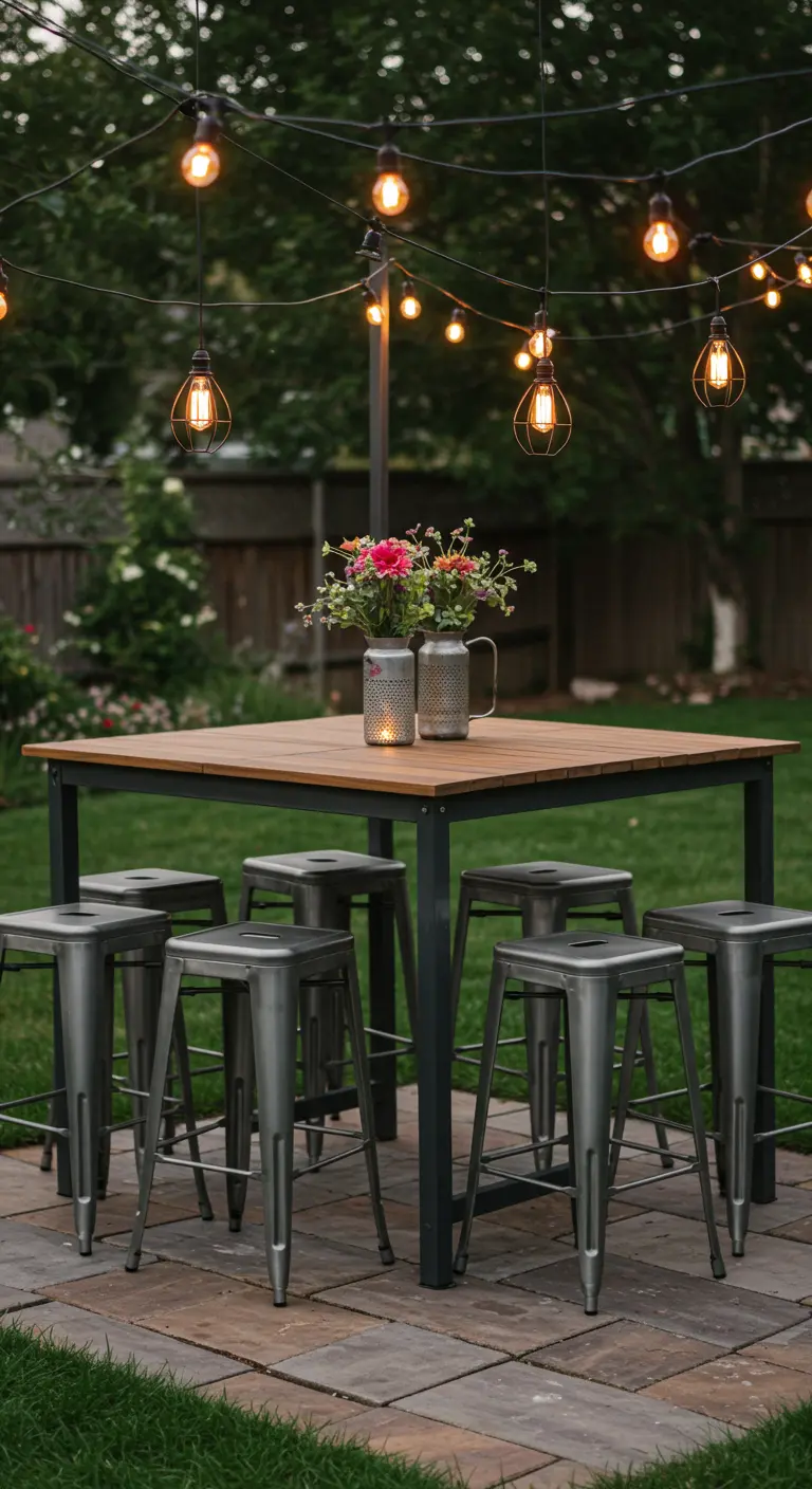 A dining set with steel stools on a paver patio in a green yard.