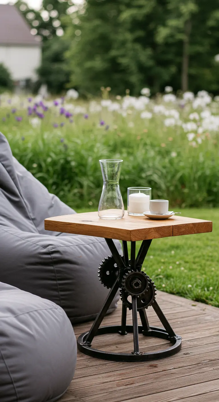 Industrial gear-base table set on a wooden deck in front of large grey beanbag chairs.