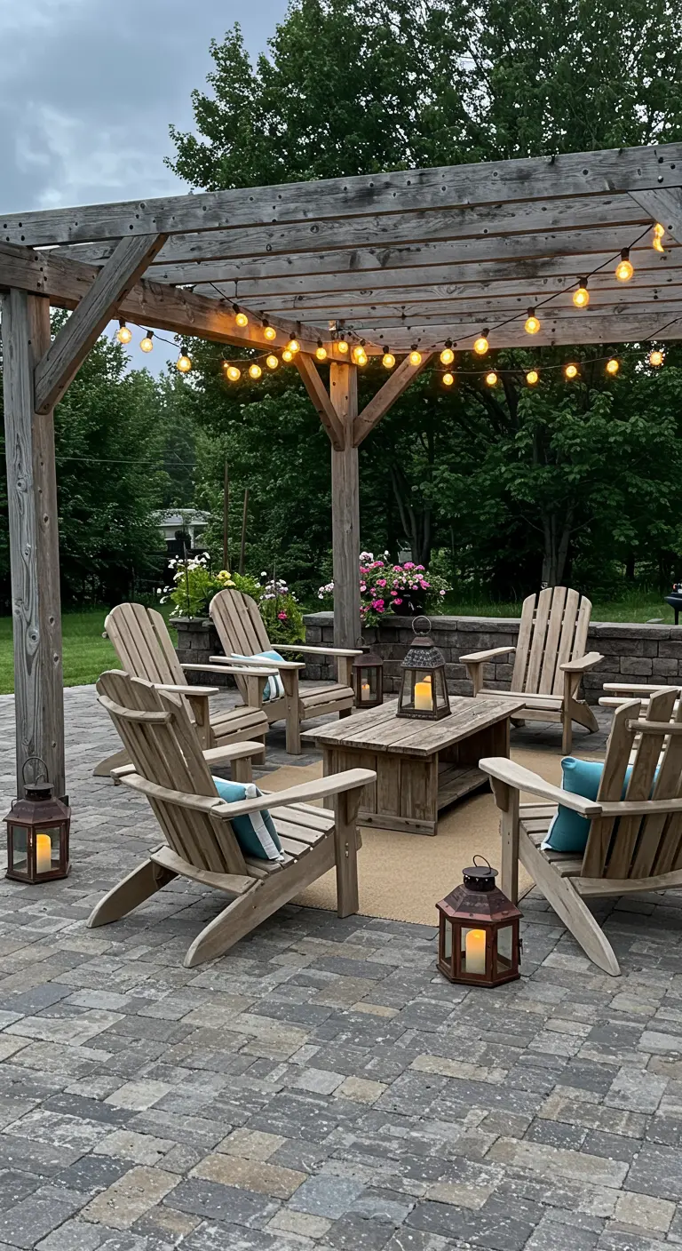 A group of Adirondack chairs on a paver patio under a pergola with string lights.