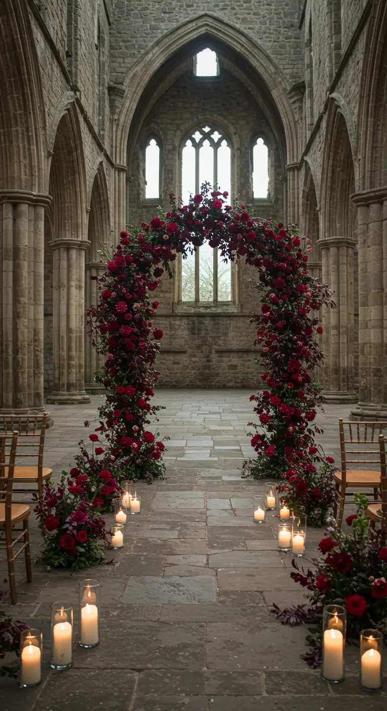 A lush, full floral arch of red roses inside a grand stone cathedral.
