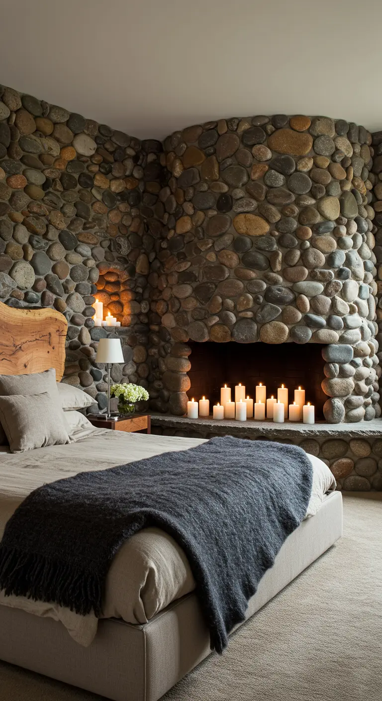 Bedroom with a dramatic, curved river rock fireplace wall and a simple modern bed.