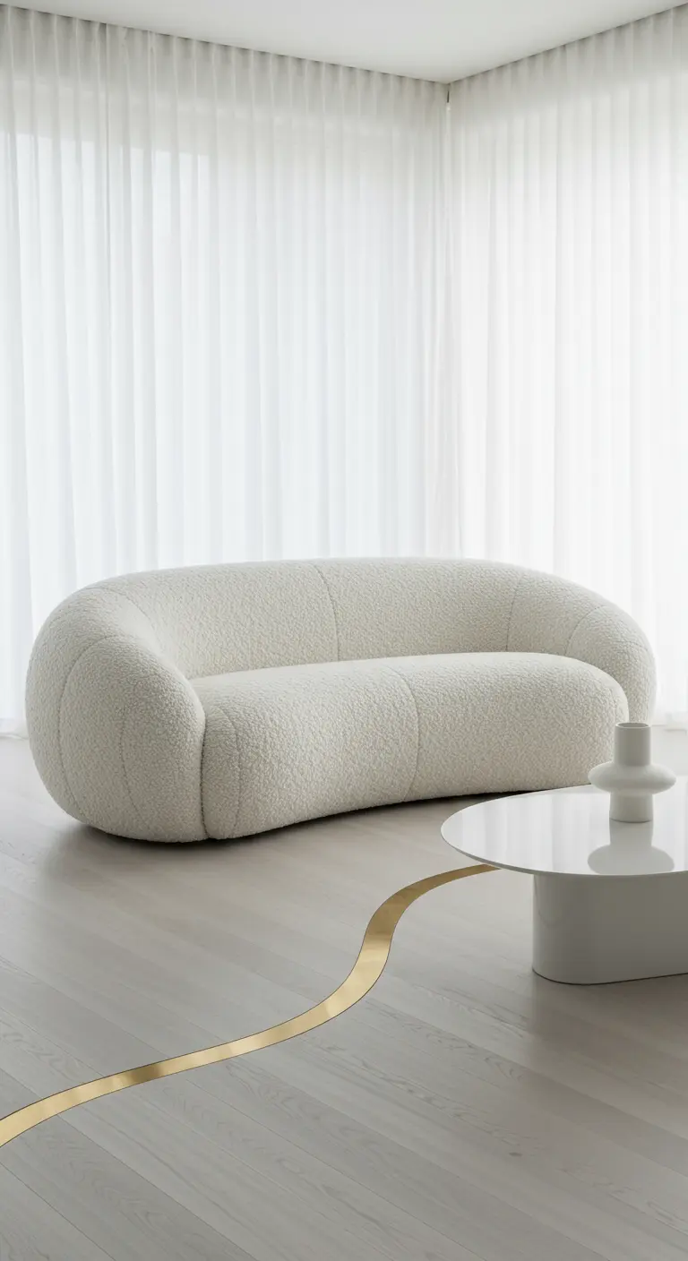 A minimalist white room with a curved bouclé sofa and a brass inlay on the floor.