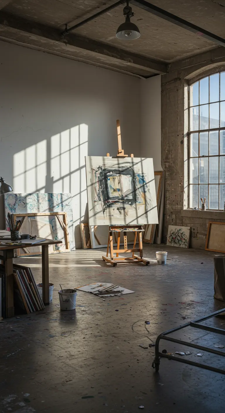 An artist's loft studio filled with canvases and painting supplies, with light streaming from a large window.