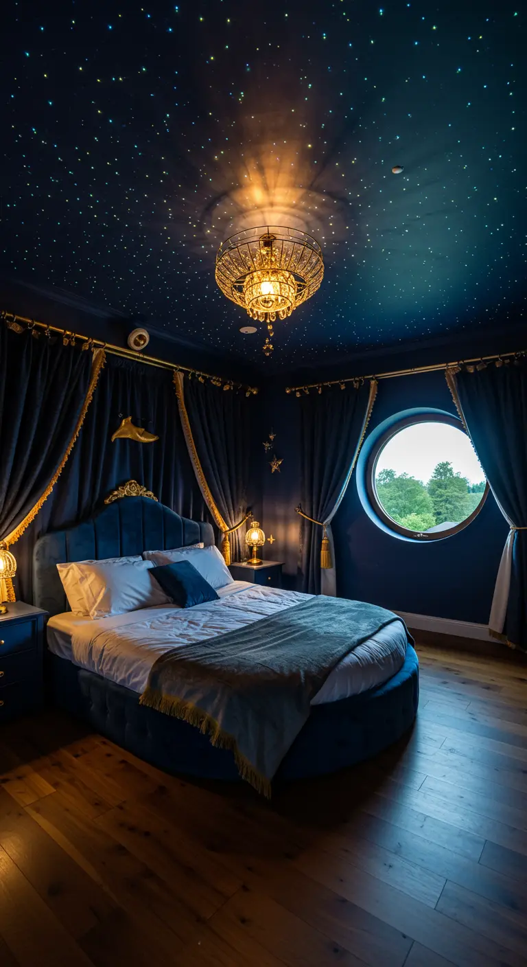 Navy blue bedroom with a fiber optic star ceiling and a round velvet bed.